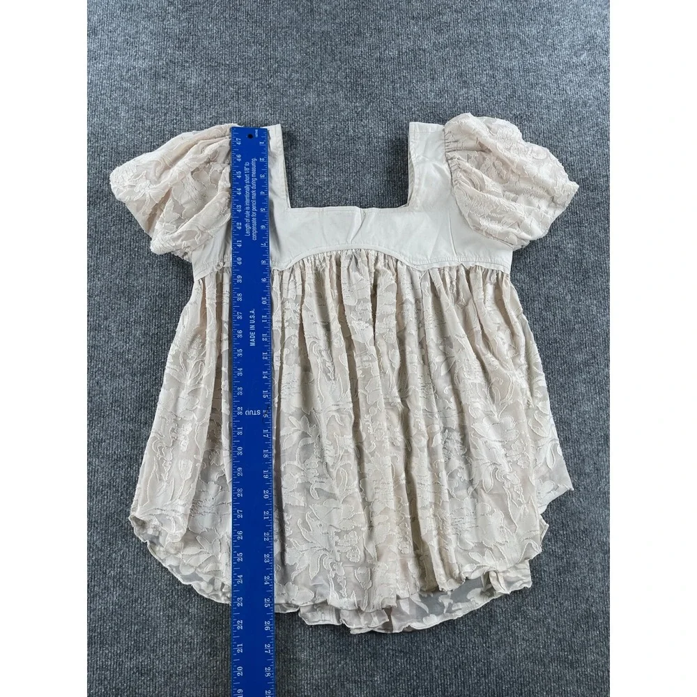 Free People Cream Floral Lace Babydoll Top Puff Sleeve Square Neck Small
